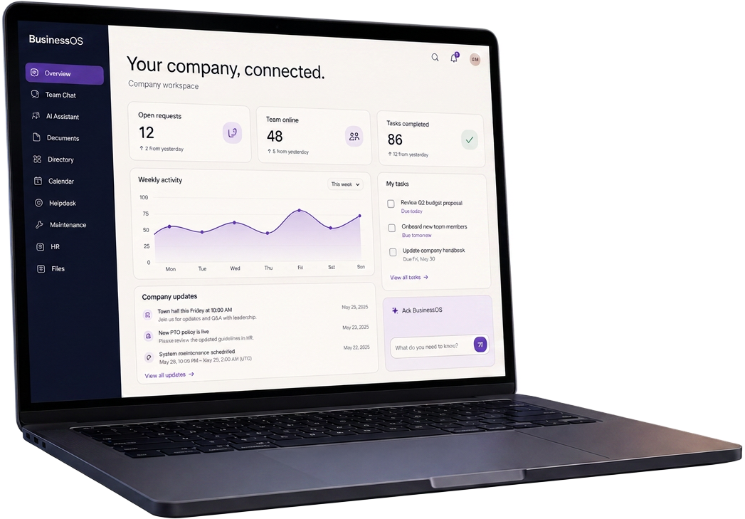 BusinessOS company workspace on a laptop — overview dashboard with activity, tasks, and company updates